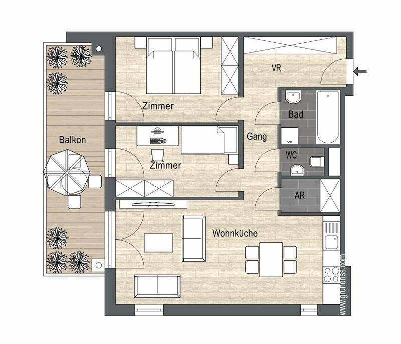 Grundriss einer Wohnung mit Wohnküche, zwei Zimmern, Bad, WC und großem Balkon.