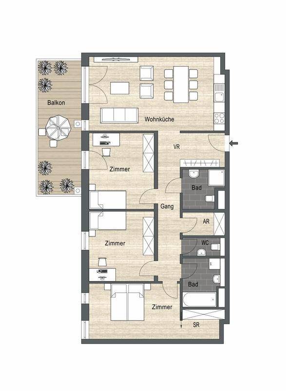 Grundriss einer geräumigen Wohnung mit Wohnküche, drei Zimmern, zwei Bädern, WC und Balkon.