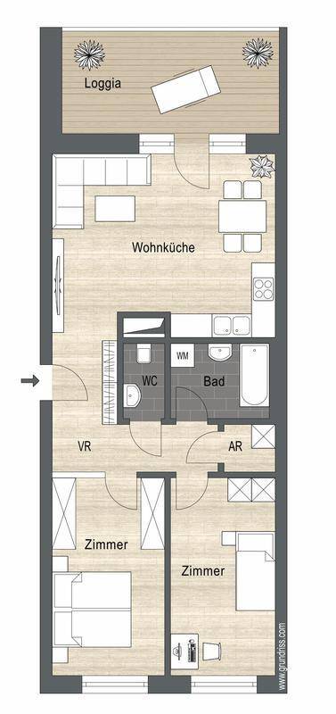 Grundriss einer Wohnung mit Wohnküche, zwei Zimmern, Bad, WC und Loggia.