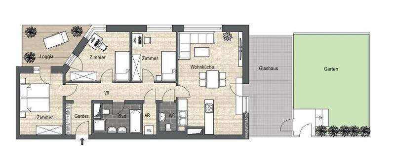 Grundriss einer Erdgeschosswohnung mit Wohnküche, drei Zimmern, Loggia, Glashaus und Garten.