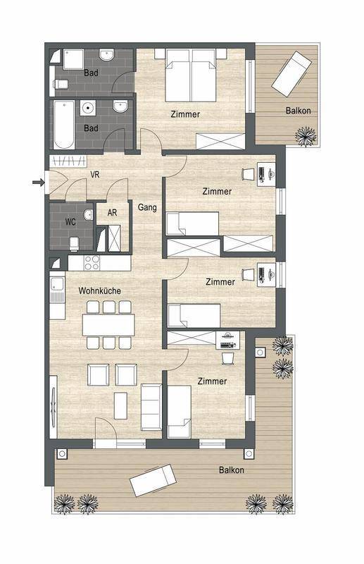 Grundriss einer großen Wohnung mit Wohnküche, vier Zimmern, zwei Bädern, WC und zwei Balkonen.