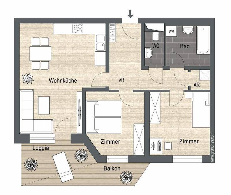 Grundriss einer Wohnung mit Wohnküche, zwei Zimmern, Bad, WC und Loggia/Balkon.