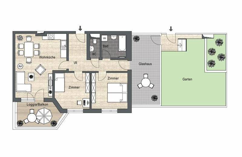 Grundriss einer Erdgeschosswohnung mit Wohnküche, zwei Zimmern, Loggia/Balkon, Glashaus und Garten.
