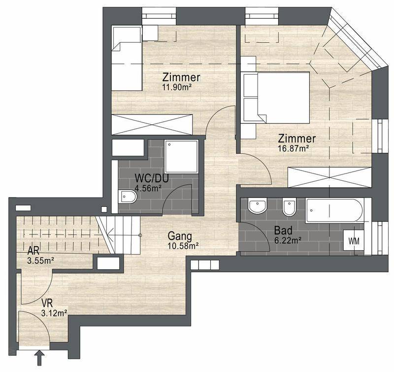 Grundriss einer Dachgeschosswohnung mit zwei Schlafzimmern und zwei Bädern.