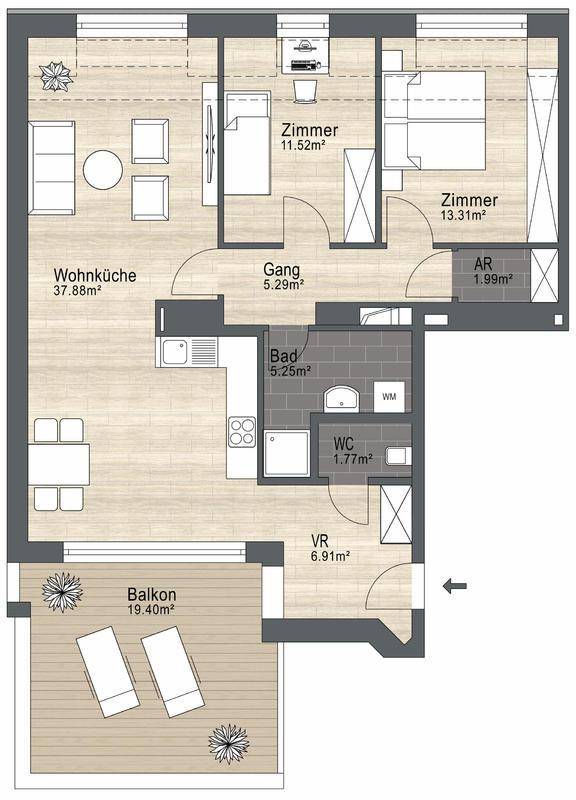 Grundriss einer Wohnung mit zwei Schlafzimmern, offener Wohnküche und großem Balkon.