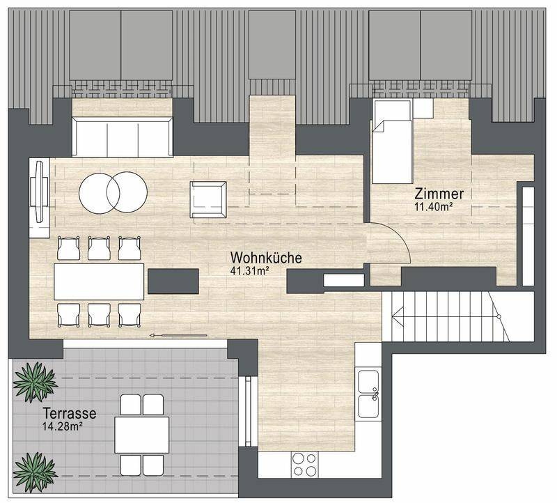 Grundriss einer Wohnung mit einem Schlafzimmer, offener Wohnküche und großer Terrasse.