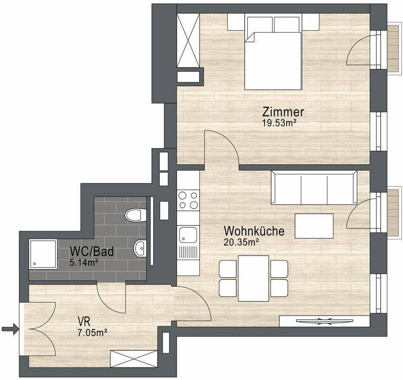 Grundriss einer Wohnung mit einem Schlafzimmer, offener Wohnküche und Bad.