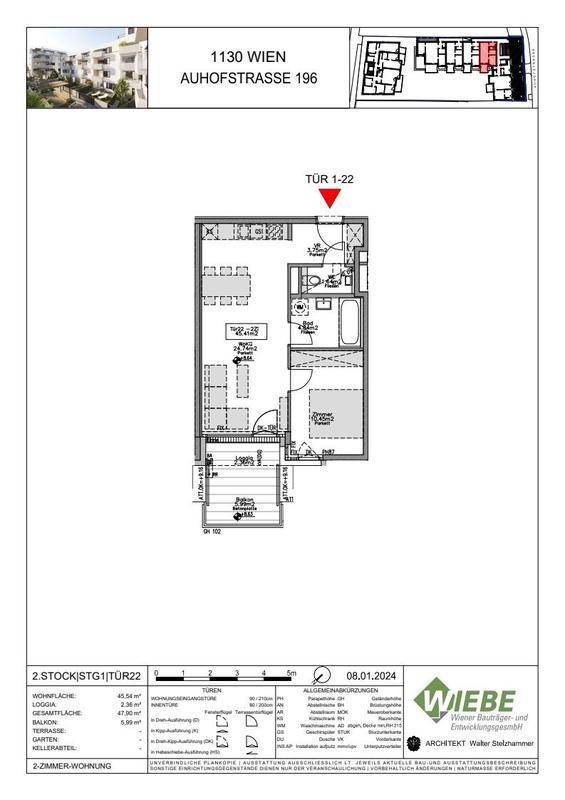 Grundriss einer 2-Zimmer-Wohnung mit Balkon und Badewanne in Wien.