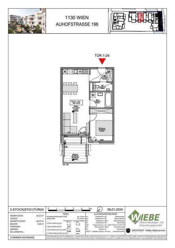 Grundriss einer 2-Zimmer-Wohnung mit Loggia, Bad und separatem WC.