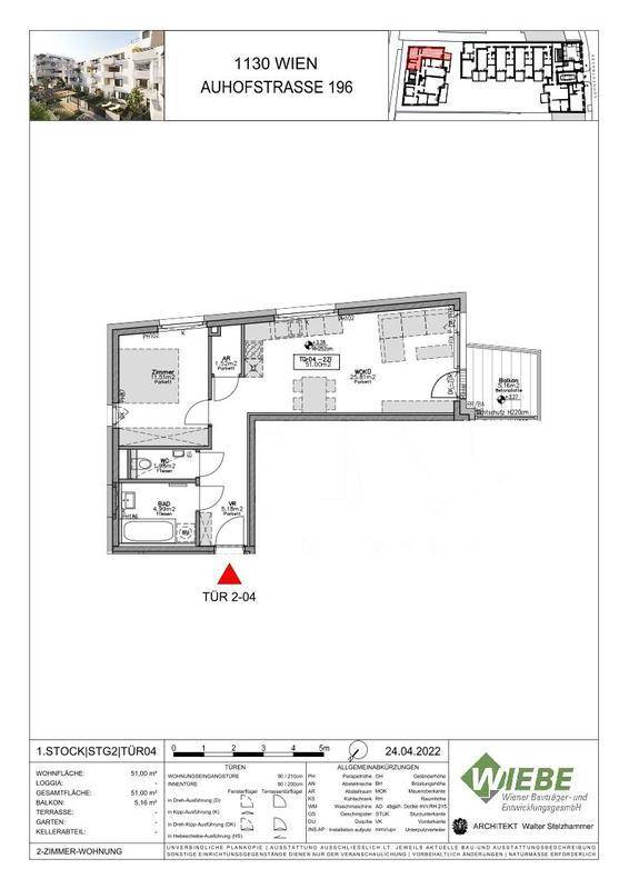 Detaillierter Grundriss einer 2-Zimmer-Wohnung mit Loggia und separatem WC.