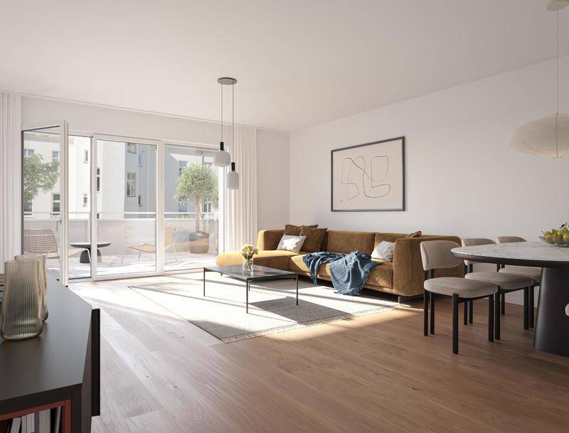 Geräumiger Wohn-Essbereich mit Holzboden, modernem Sofa und Zugang zum Balkon.