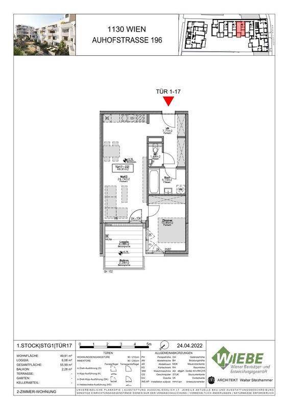 Grundriss einer 2-Zimmer-Wohnung mit Loggia, separatem Schlafzimmer und Bad.