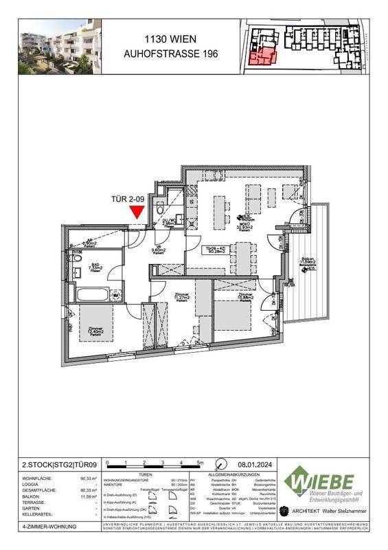 Grundriss einer 4-Zimmer-Wohnung mit Loggia und Balkon, detailliert dargestellt.