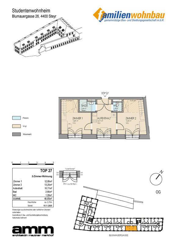 Detaillierter Grundriss einer 2-Zimmer-Wohnung mit Bad und separatem WC.