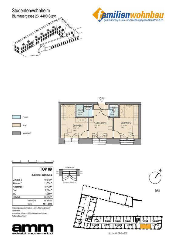 Detaillierter Grundriss einer 2-Zimmer-Wohnung mit Bad und WC.