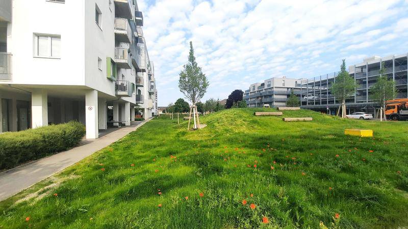 Außenansicht eines modernen Wohngebäudes mit weitläufiger Grünfläche, Bäumen und einem Parkhaus im Hintergrund.