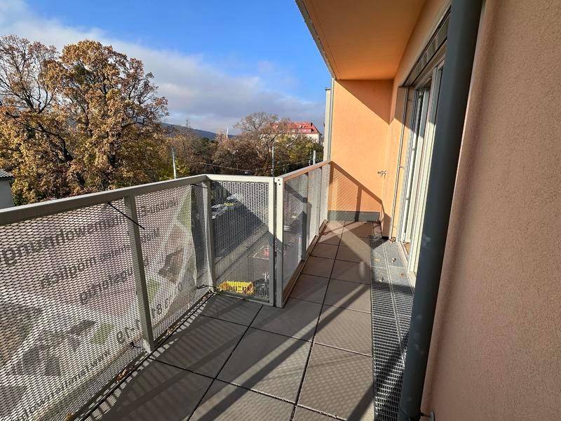 Balkon mit Blick ins Grüne und auf die umliegende Wohngegend an einem sonnigen Tag.