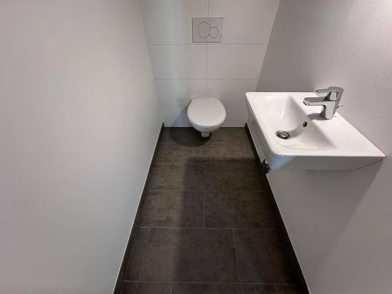Modernes Gäste-WC mit Wand-WC und kleinem Waschbecken.