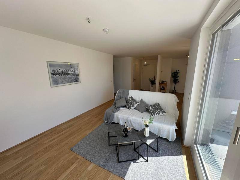 Heller Wohnbereich mit bequemer Couch, modernen Couchtischen und viel Tageslicht.