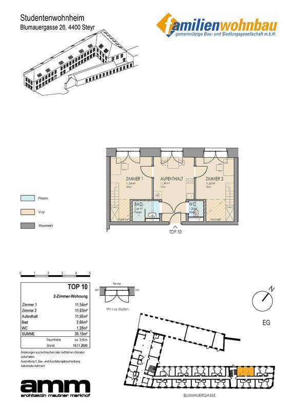 Detaillierter Grundriss einer 2-Zimmer-Wohnung mit Bad und WC in einem Studentenwohnheim.