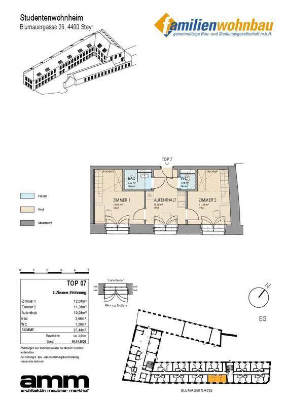 Detaillierter Grundriss einer 2-Zimmer-Wohnung mit Bad und separatem WC.