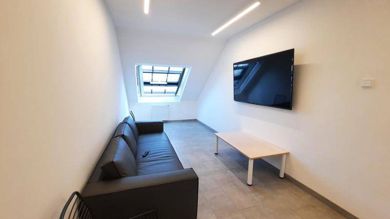 Gemütlicher Wohnbereich im Dachgeschoss mit Schrägdach, Dachfenster und einem an der Wand montierten Fernseher.