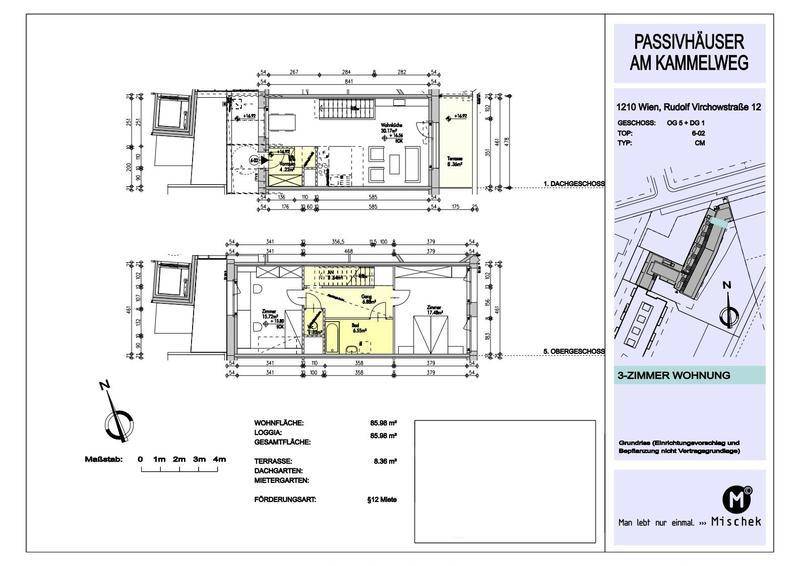 Grundriss einer 3-Zimmer-Wohnung mit Loggia und Dachgarten auf zwei Ebenen.