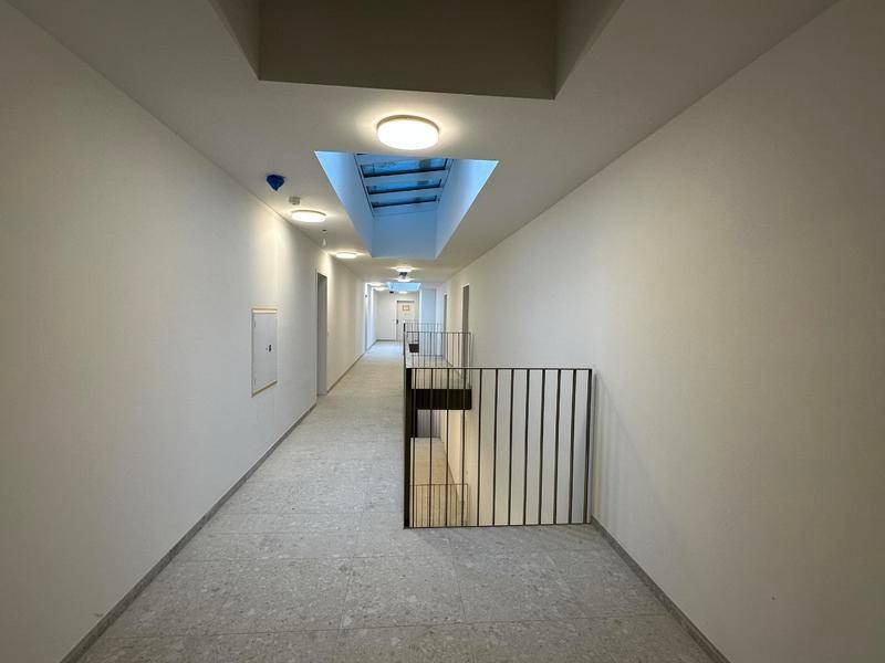 Langer, heller Flur mit modernen Deckenleuchten und Oberlichtern, die für viel Tageslicht sorgen.