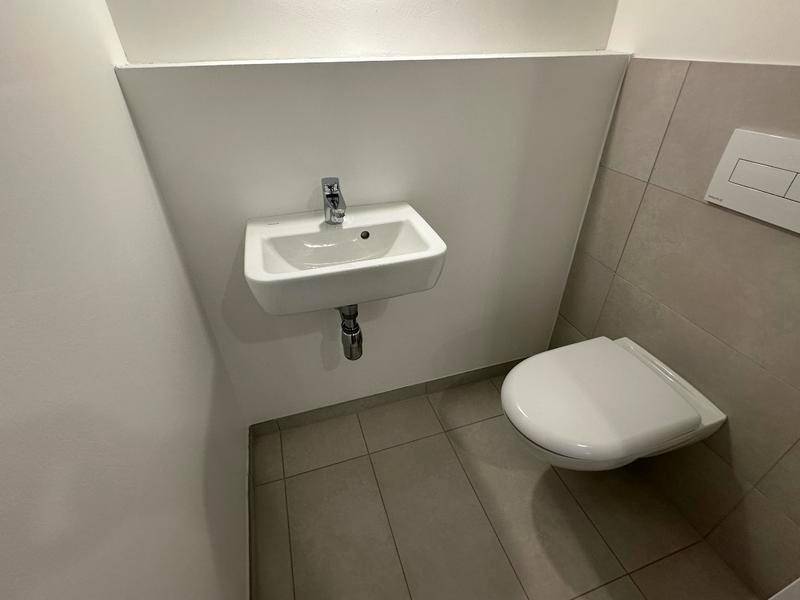 Kleines Gäste-WC mit Wand-WC und Handwaschbecken in modernem Design.