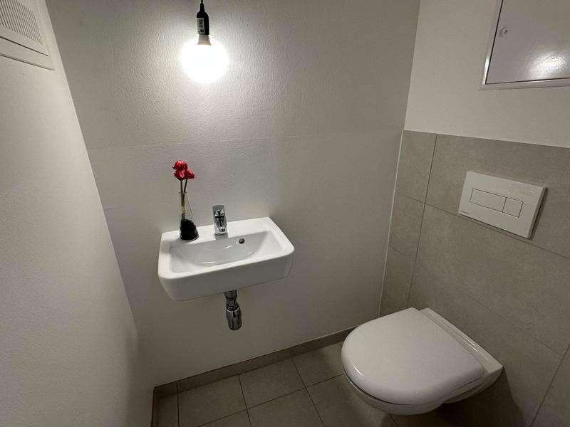Kleines Gäste-WC mit wandhängender Toilette und modernem Waschbecken.