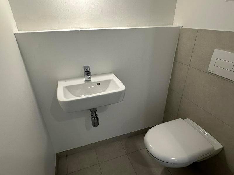 Separates Gäste-WC mit Wand-WC und kleinem Waschbecken, ausgestattet mit modernen Fliesen.