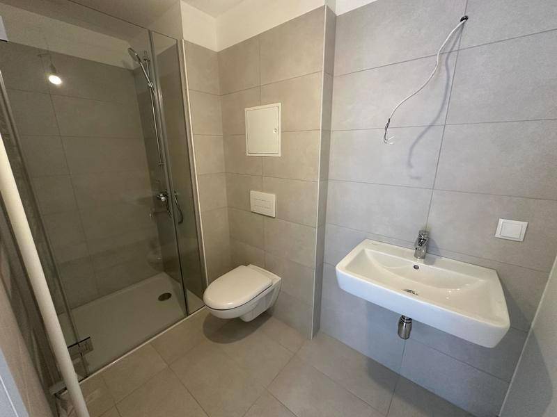 Modernes Badezimmer mit grauen Fliesen, Dusche, wandhängendem WC und Waschbecken.