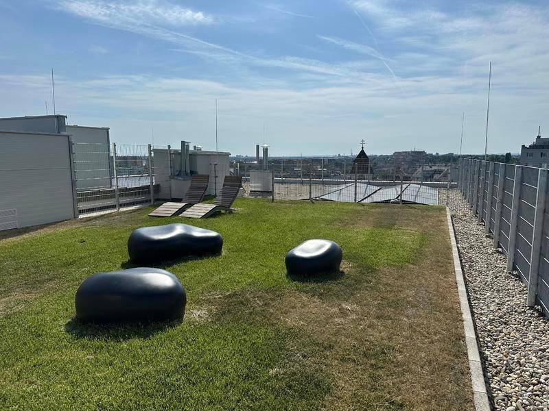 Grüne Dachgartenfläche mit Liegestühlen und modernen Sitzgelegenheiten zum Entspannen.