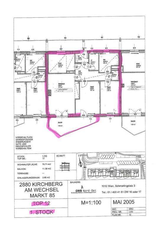 Grundrissplan einer Wohnung mit Balkon, Terrasse und separatem WC.