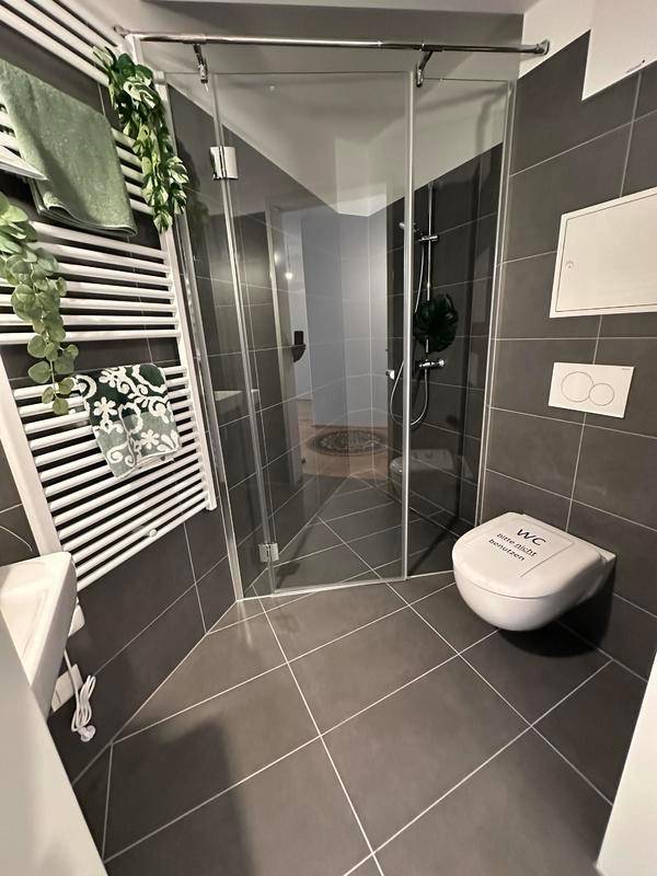 Modernes Badezimmer mit begehbarer Dusche, dunklen Fliesen und Handtuchheizkörper.