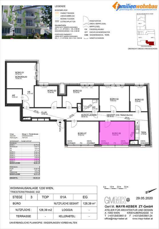 Grundrissplan einer Büroetage mit mehreren Büros, Teeküche, WC und Loggia.