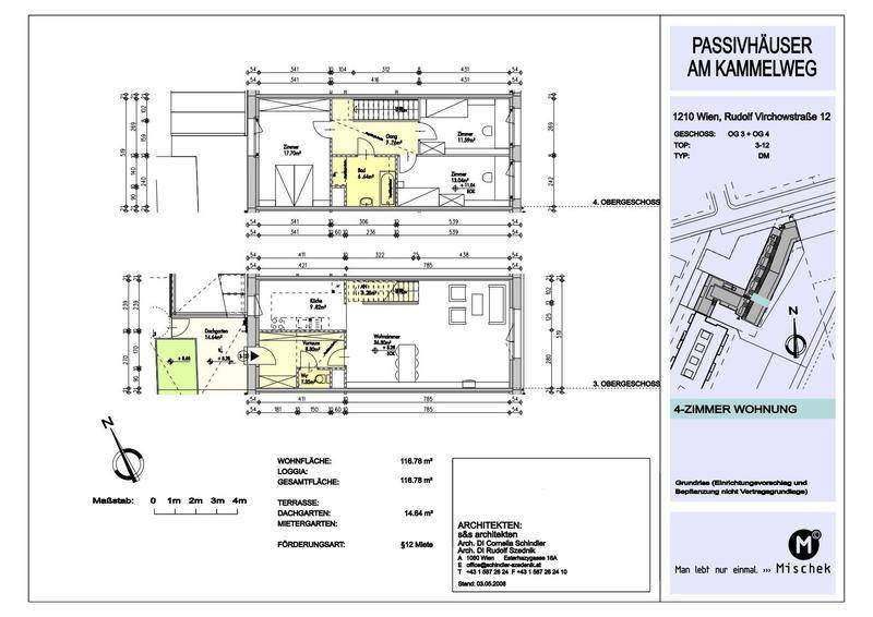 Grundriss einer 4-Zimmer-Wohnung über zwei Etagen mit Loggia und Dachgarten.