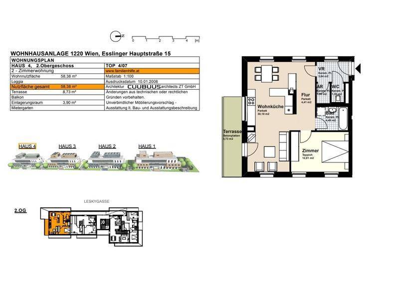 Grundriss der Wohnung mit Küche, Wohnzimmer, Schlafzimmer, Bad und Terrasse.