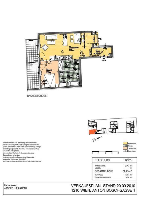 Grundriss des Dachgeschosses mit Wohnbereich, Terrasse und Gesamtfläche von 56,75 m².
