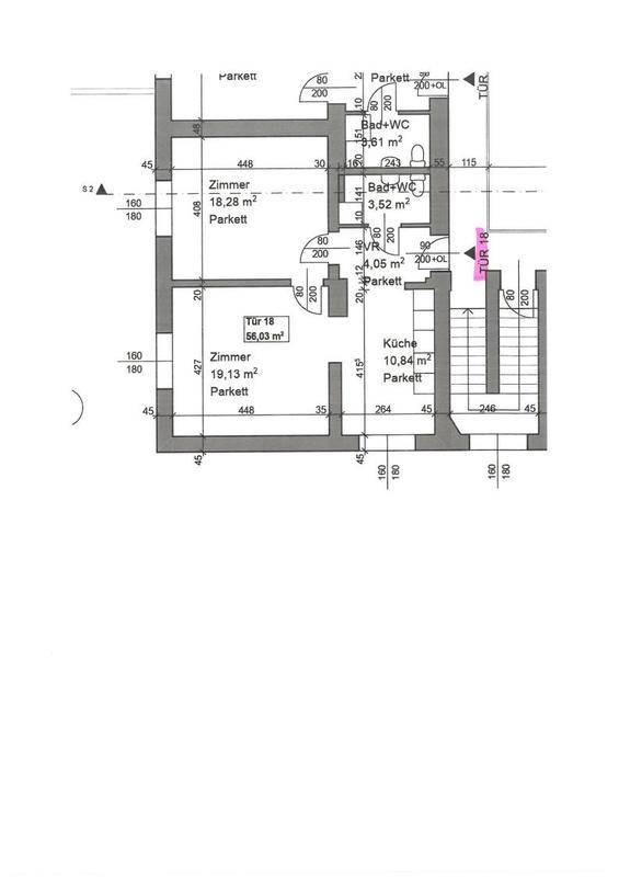 Grundriss einer Wohnung mit drei Zimmern, Küche und Bad.