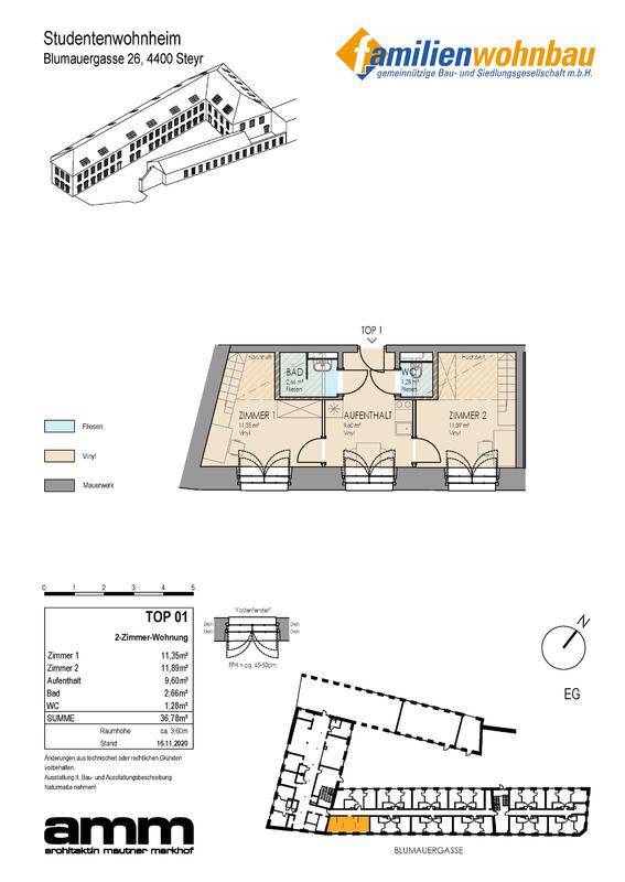 Detaillierter Grundriss einer 2-Zimmer-Wohnung mit Bad und separatem WC.