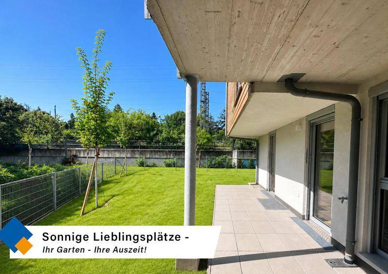 Sonnige Terrasse mit angrenzendem Rasenbereich und jungem Baumbestand, ideal zum Entspannen.