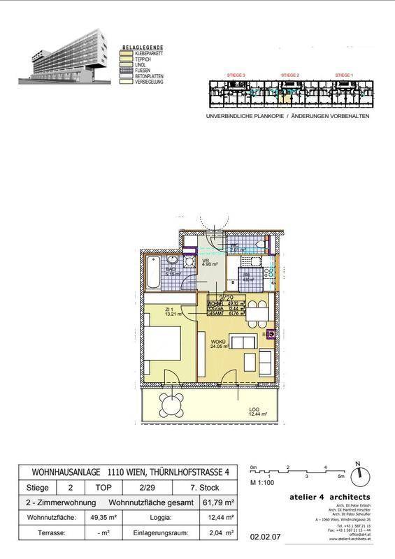 Grundriss einer 2-Zimmer-Wohnung mit Loggia und Badewanne.