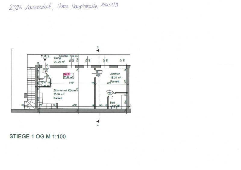 Grundriss des Obergeschosses mit offenem Wohnbereich, separatem Schlafzimmer, Bad und Gäste-WC.