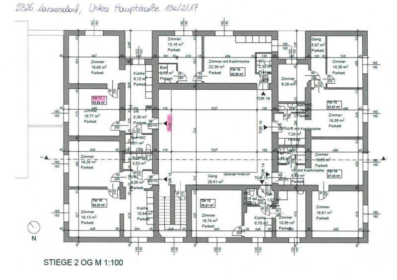 Detaillierter Grundriss eines Obergeschosses, der mehrere separate Wohneinheiten mit individuellen Küchen und Bädern zeigt.