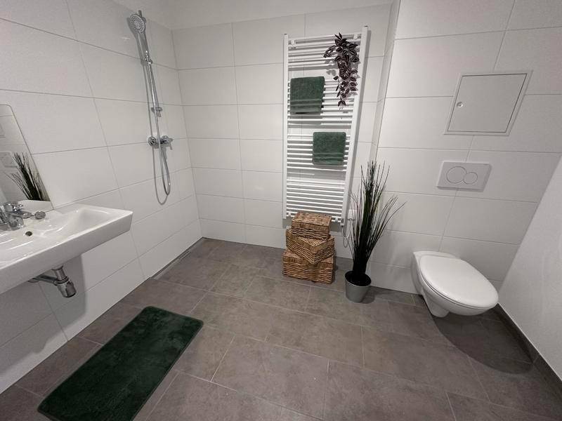 Modernes Badezimmer mit ebenerdiger Dusche, Wand-WC und beheiztem Handtuchhalter.
