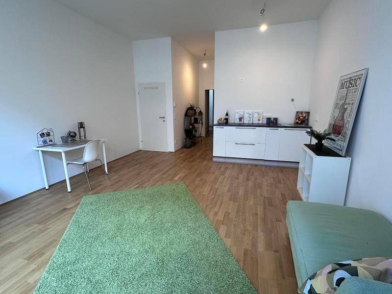 Offener Wohnbereich mit Holzboden und einer schlichten Küchenzeile an der Wand.