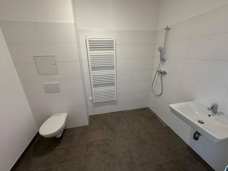 Modernes Badezimmer mit Dusche, Toilette, Waschbecken und beheiztem Handtuchhalter.
