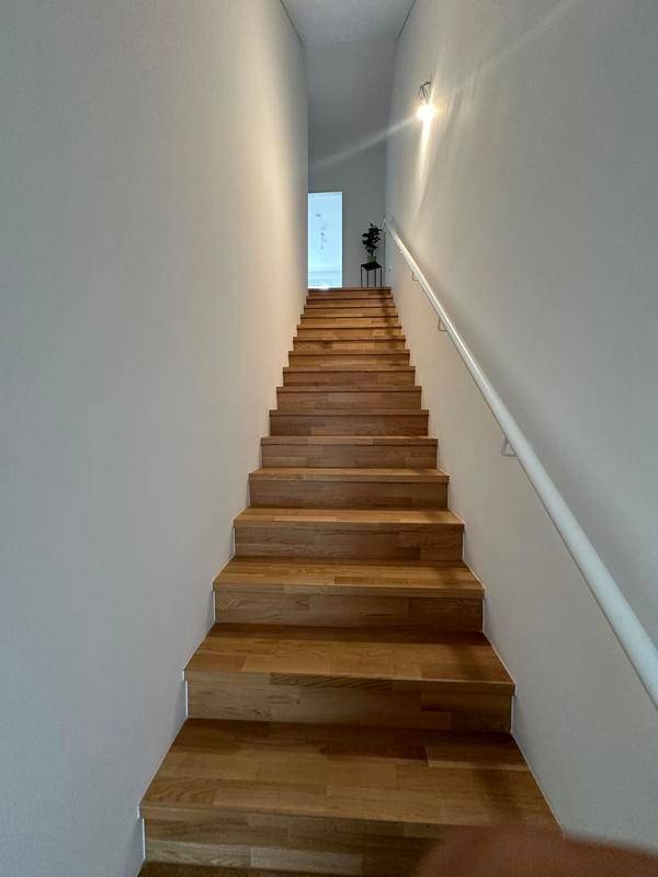 Treppenaufgang mit Holzstufen und weißem Geländer, der zu den oberen Etagen führt.