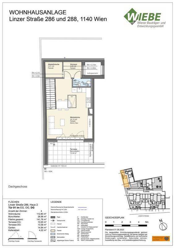 Grundriss des Dachgeschosses mit Wohnbereich, Bad und großer Dachterrasse.